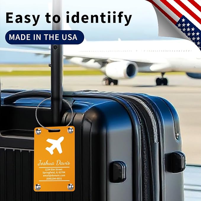 4 Pack Personalized Luggage Tags for Suitcases, Handmade Engraved Stainless Steel Custom Luggage Tags for Cruise Travel with Stainless Loop, Suitcase Identifier Metal Name Baggage Tag