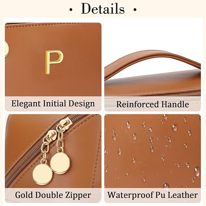 Birthday Gifts for Women Teen Girl, Personalized Initial Makeup Organizer Bag Set, Open Flat Travel Cosmetic Bag With Clear Divider and Handle(Brown,P)