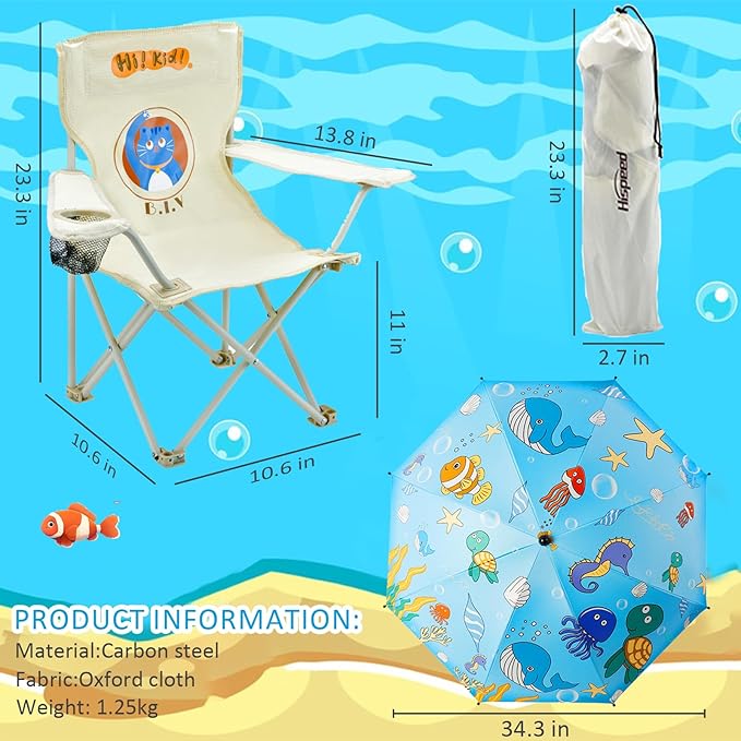 Kids Beach Folding Camping Chair - Kids Camping Chair with Outdoor Umbrella - Lightweight and Sturdy - for Beach Outdoor Camping Picnic (Blue)
