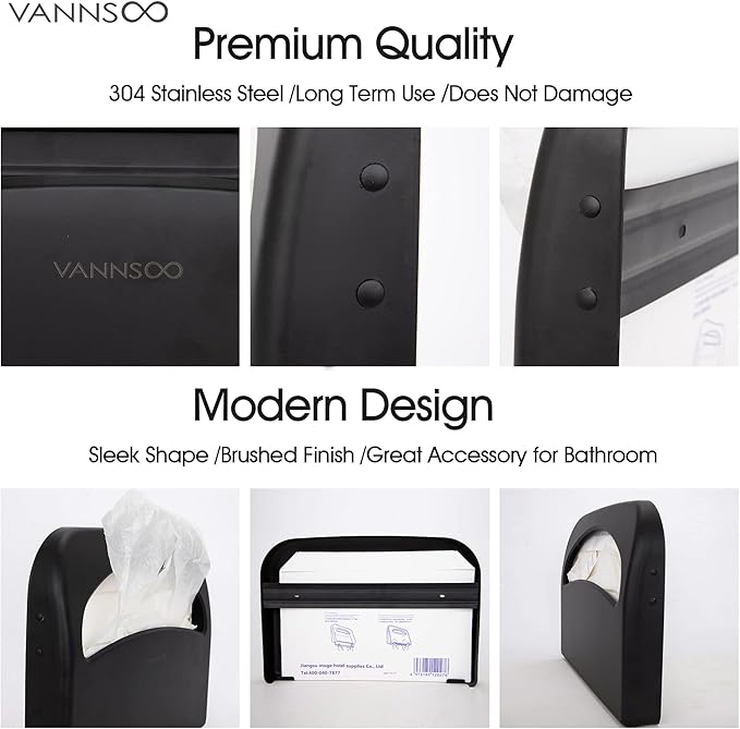 Toilet Seat Cover Dispenser - Stainless Steel Wall Mount Toilet Seat Cover Holder for Commercial Bathroom, 250 Single or Half Fold Seat Covers Capacity (Black)