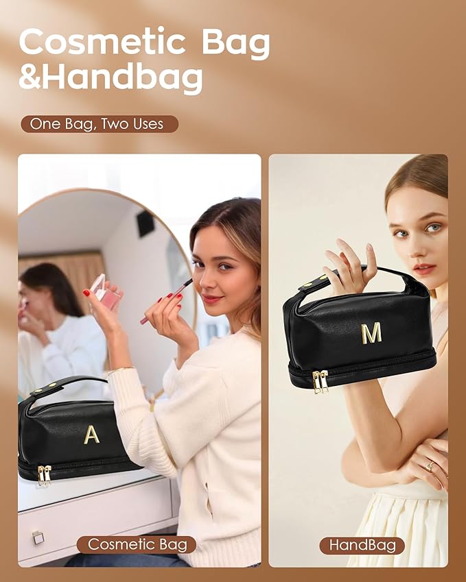Makeup Bag Personalized Bags with Handle, Waterproof Double Layer Cosmetic Bag, Large Capacity PU Leather Makeup Bags Letter Travel Toiletry Bag with Makeup Brush Organizer