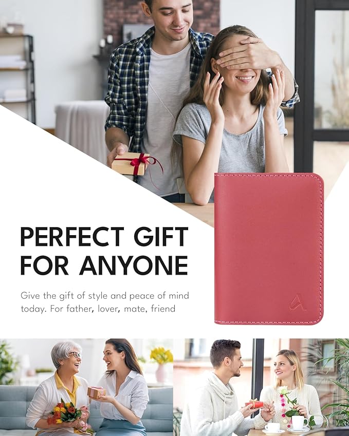 ALLIVE Passport Holder for Travel Women Men,Genuine Leather Passport Cover Wallet,Travel Must Haves Airport Essentials Travel Gifts Pink