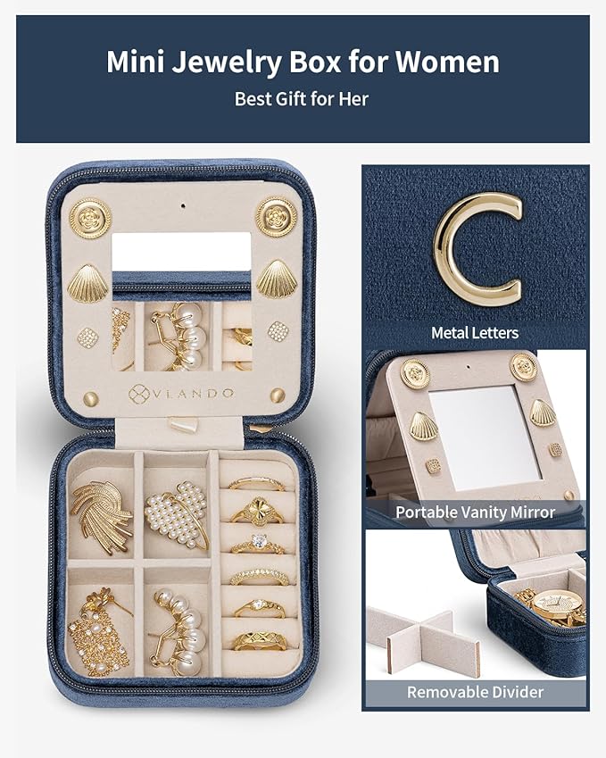 Vlando Travel Essentials for Women Jewelry Box, Travel Accessories for Teen Girl Trendy Stuff, Necklace Earrings Ring Organizer, Travel Must Have - Letter C, Dark Blue