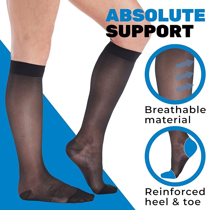 (3 Pairs - Closed Toe) Made in USA - Sheer Compression Socks for Women 15-20mmHg - Compression Stockings for Varicose Veins Circulation, Thrombosis, Embolism - Black, Medium - A101BL2-3
