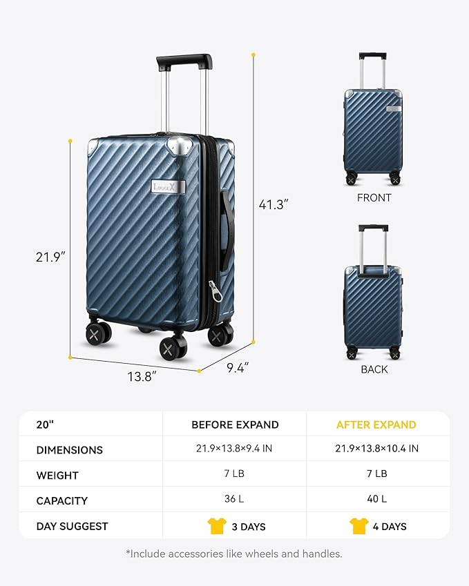 LUGGEX Luggage with Spinner Wheels, Polycarbonate Expandable Hard Shell Suitcase, Carry On 20 Inch, Navy