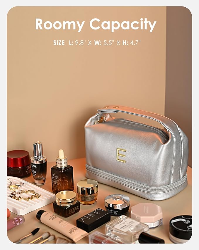 Makeup Bag For Teens 16-18, Personalized Makeup Bag with Handle, Initial Double Layer Cosmetic Bag with Makeup Brush Organizer, Cute Cosmetic Pouch for Women, Gifts for Friends Female Mom