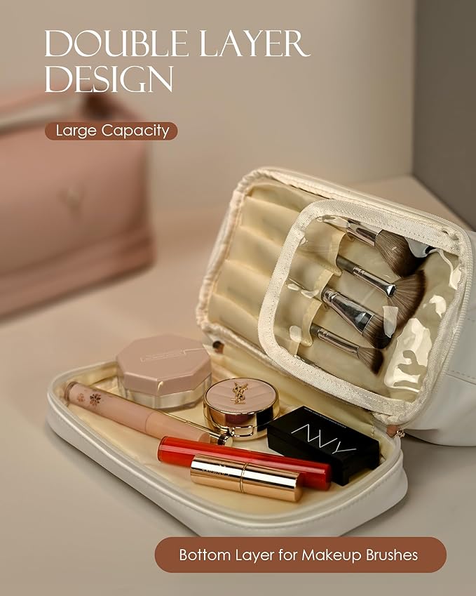 Girl Gift Ideas, Travel Makeup Bag with Handle, Initial Double Layer Cosmetic Bag with Makeup Brush Organizer, Cute Cosmetic Pouch for Women, Birthday Gifts for 8 9 10 11 12 13 Year Old Girls