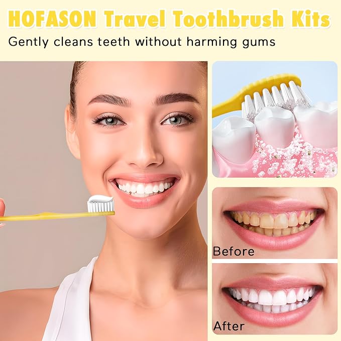 HOFASON Disposable Toothbrushes With Toothpaste Pack of 10, Yellow Hollow Travel Set Individually Wrapped for Homeless, Nursing Home, Shelter, Hotel