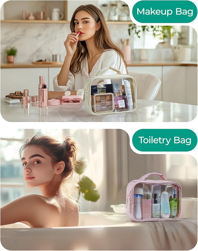 BAGSMART Clear TSA-Approved Toiletry Bag, Large Opening Quart Sized Makeup Bag with Handle, Double Zipper, Clear Cosmetic Organizer for Women