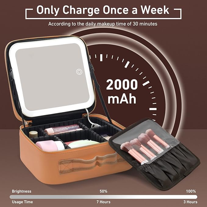 Makeup Case, Lighted Mirror, Travel, Waterproof, Brown