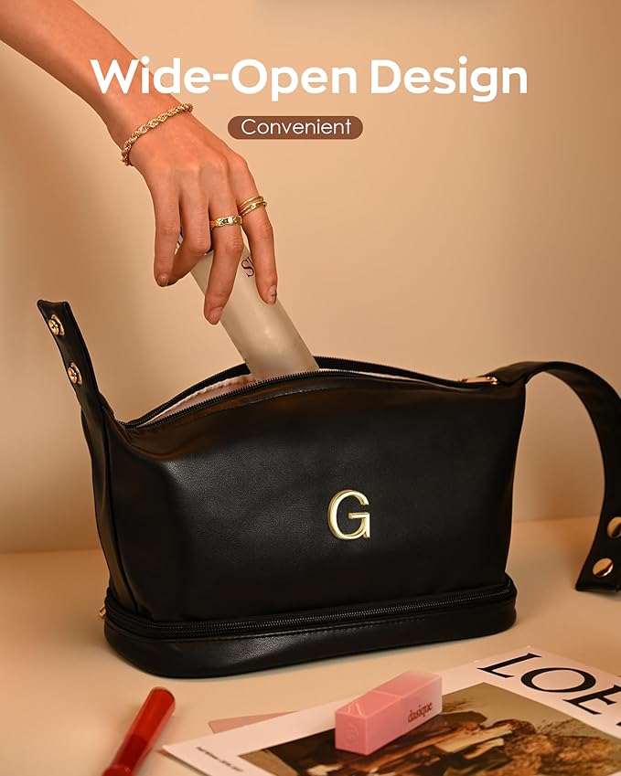 Gifts for Friends, Personalized Makeup Bags with Handle, Waterproof Double Layer Cosmetic Bag, Large Capacity PU Leather Makeup Bags Travel Toiletry Bag with Makeup Brush Organizer
