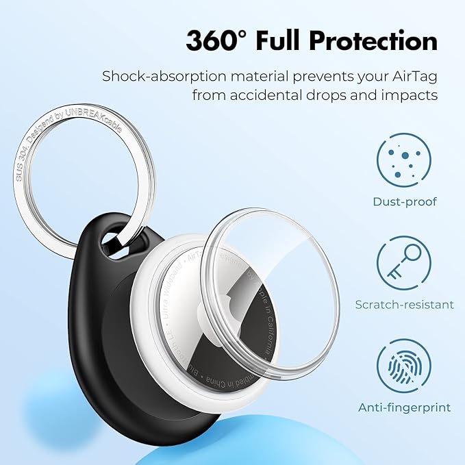 UNBREAKcable for Apple AirTag Holder - 4 Pack [Fit Tightly Design] [Easy to Install] [Hold Air Tag Securely] Waterproof TPU Shell Protective Case with 304 Stainless Steel Keychain Key Ring