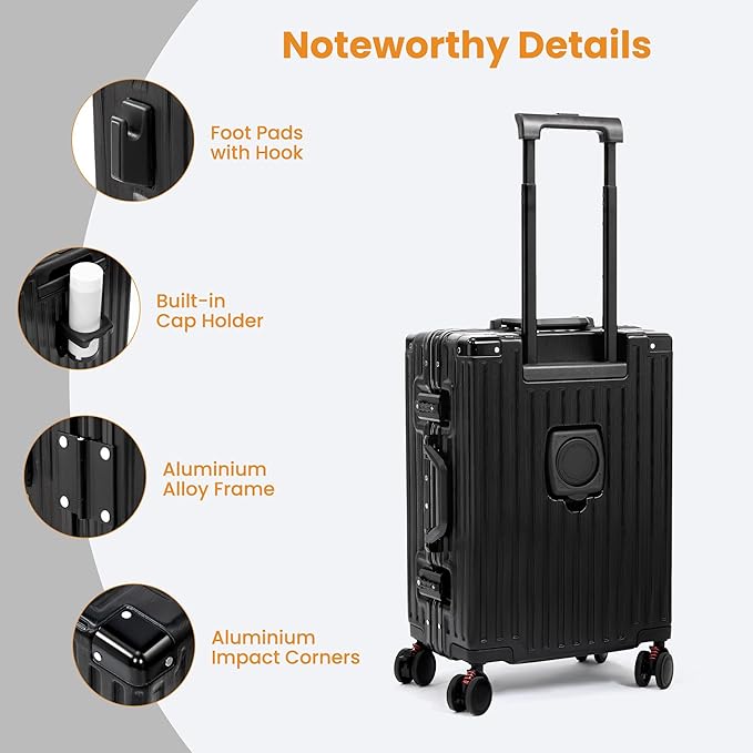 Carry On Luggage 22x14x9 Airline Approved, Zipperless Luggage Carry On, Hard Shell Suitcases with TSA Lock, Lightweight Carry On Suitcases with Aluminum Frame (black, 20inch)