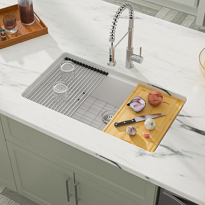 Dcolora 32-Inch Granite Composite White Kitchen Sink, Single Bowl Undermount Workstation Quartz Sink, 32"W x 19"D x 10"H #DC-GU7755