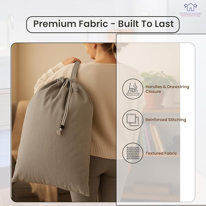 LFH Home Cotton Canvas Large Laundry Bag with Handle, Heavy Duty Drawstring Closure Washable Laundry Bags, School Travel, Home, Hotel, College Dorm, Organizer Sack, Toys Clothes 24x36 (Pack of 2)-Grey