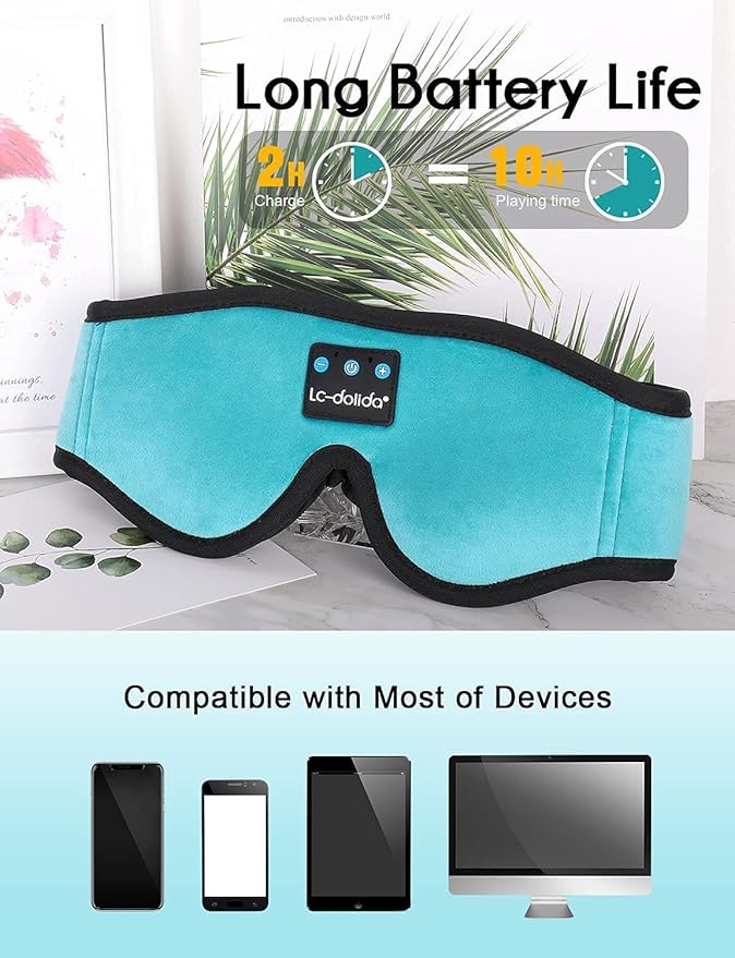 LC-dolida Sleep Headphones, Sleep Mask Bluetooth Wireless Music Eye Mask, Sleeping Headphones for Side Sleepers Sleep Mask with Bluetooth Headphones Ultra-Thin Stereo Speakers Perfect for Sleeping
