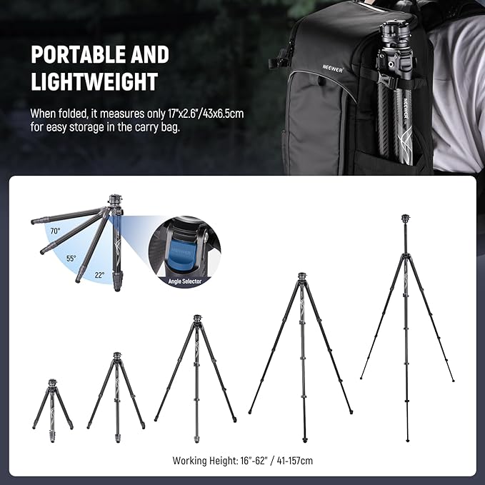 NEEWER LITETRIP LT32 Camera Travel Tripod, Carbon Fiber Portable Stand, Ball Head Detachable Center Axis Flip Buckle Cleaning Cloth Arca QR Plate Compatible with Peak Design Capture V3 (Former TP62)
