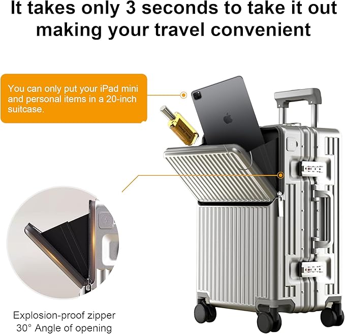 Zipperless Luggage, 22x14x9 Aviation Certified, Polycarbonate Aluminum Hardshell, Expandable Carry-On Luggage with Spinner Wheels, Hardshell Luggage, 20 Inch Cabin