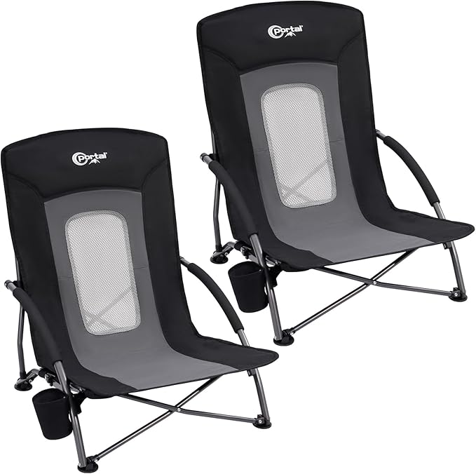 PORTAL Beach Chairs for Adults Camping Low Lightweight Portable Chair with Cup Holder Mesh Back Carry Bag for Outdoor Sand Lawn Travel Picnic Festival Concert, 350LBS