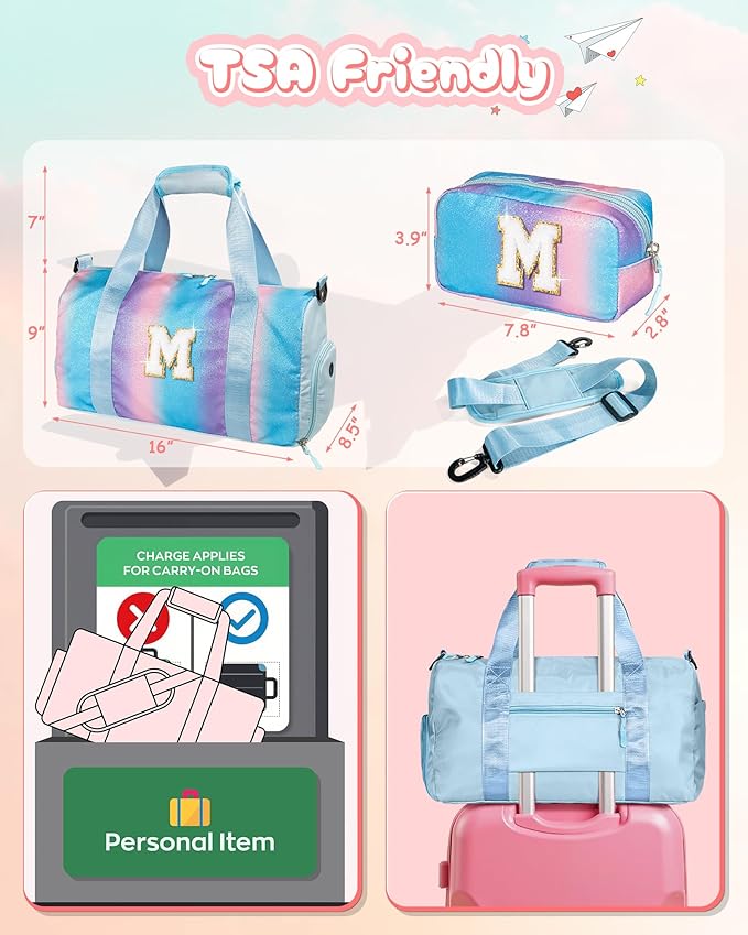 Cute Preppy Gifts for Girls-Girl Gym Bag with Shoe Compartment, Kid Personalized Weekender Overnight Bags, Initial Travel Tote with Makeup Pouch, Chenille Gift for Teen (Letter D)