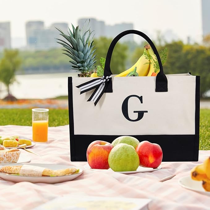 TOPDesign Embroidery Initial Canvas Tote Bag, Personalized Present Bag, Suitable for Wedding, Birthday, Beach, Holiday, is a Great Gift for Women, Mom, Teachers, Friends, Bridesmaids (Letter G)