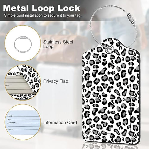 2Pack Luggage Tags for Suitcases, Cute Unique Pu Leather Cruise Luggage Tag with Privacy Cover ID Label Address Card and Metal Ring Suitable for Women Men Kids Travel Bag Gray Leopard Print