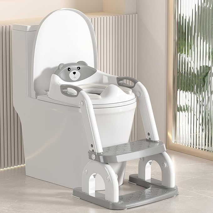 Potty Training Seat Upgraded 2-in-1 Potty Toilet for Kids Boys and Girls, Adjustable Step & Seat Height with Splash Guard Anti-Slip Pad Step Stool(White and Gray)