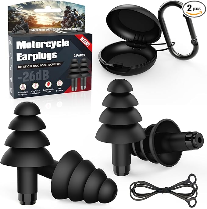 Motorcycle Ear Plugs, 2 Pairs Reusable Silicone, 26dB Wind Noise Reduction & Ear Protection Earplugs with Safety Cord & Travel Case, Comfort Fit for Motorbike, Highway Riding, Touring & Shooting