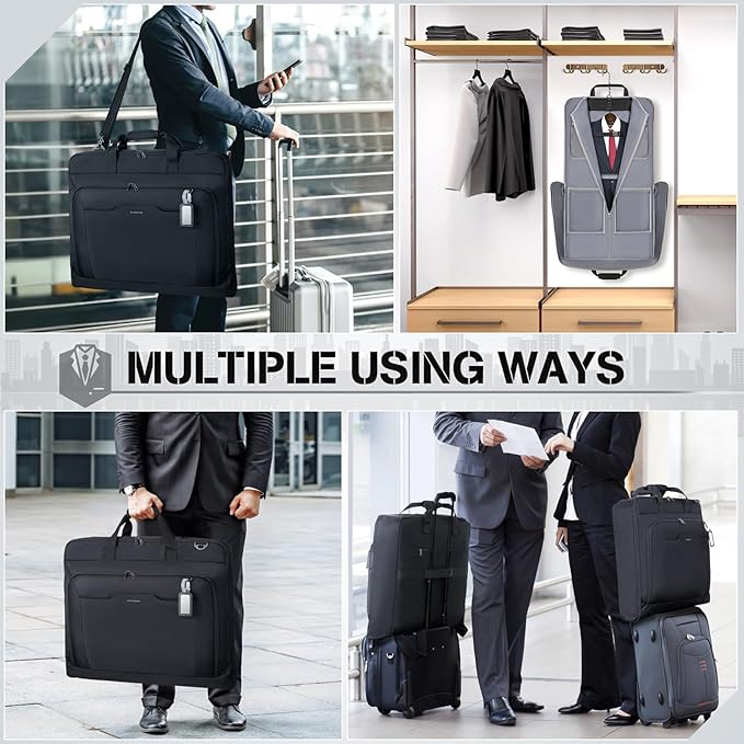 RAINSMORE Garment Bags for Travel Carry On Garment Bag for Hanging Clothes, Suit Bag for Business Trips with Shoes bag & Shoulder Strap, Waterproof Foldable Suit Luggage Bag for Men Women, Black