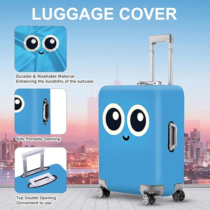 ANNA QUEEN Cute Smiley Face Luggage Cover, Blue Cartoon Suitcase Protector with Big Eyes Design, Stretchable, Washable Travel Cover for 20-22 Inch Luggage