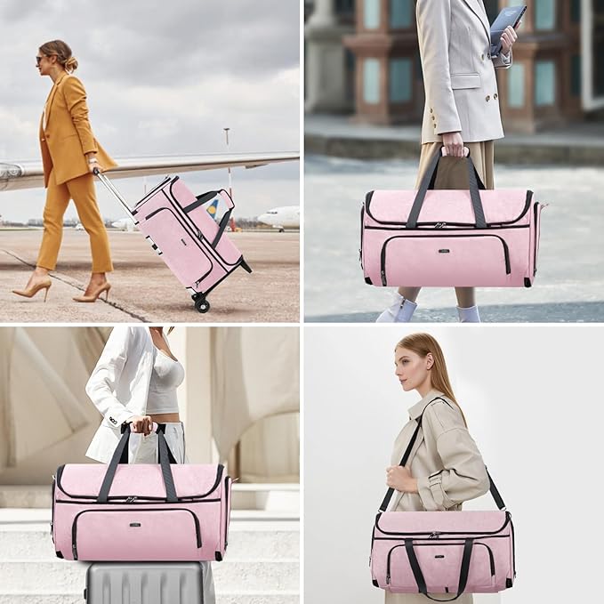 Garment Bags with Wheels, Garment Convertible Weekender Bags, Large Garment Bags for Travel, Duffle Luggage Bag Garment Bag (Pink, Medium)