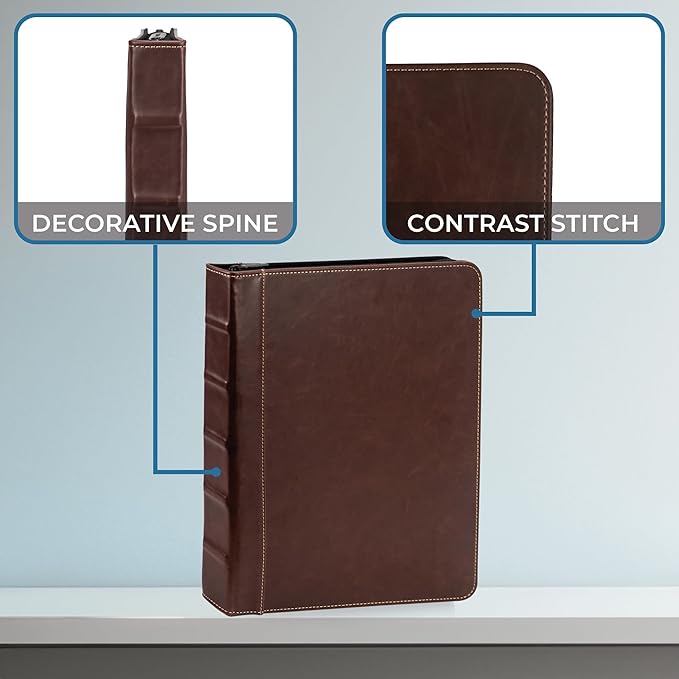 Samsill Vintage Leather Mini 3 Ring Zipper Binder, 1 Inch Round Ring Capacity (Holds 200 Sheets), 5.5 x 8.5 Inch Documents, Notebook Organizer, Planner, Brown with Contrast Stitching