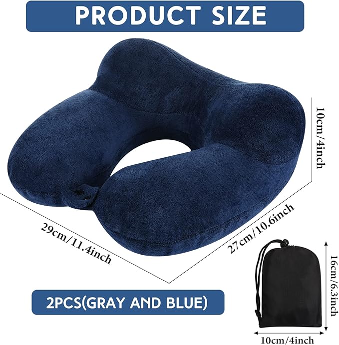 Sintuff 2 Pack Inflatable Travel Pillow for Airplanes Inflatable Neck Flight Pillows with Compact Bag and Blindfold for Traveling, Airplane, Train, Car, Office(Gray and Blue)