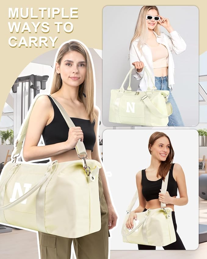 Initial Travel Duffel Bag Sports Gym Bag for Kids Teen Birthday Gifts,Beige Personalized Weekender Bag Carry On Dance Bags for Women Men,Waterproof Monogram Overnight Bag with Trolley Sleeve(Letter N)