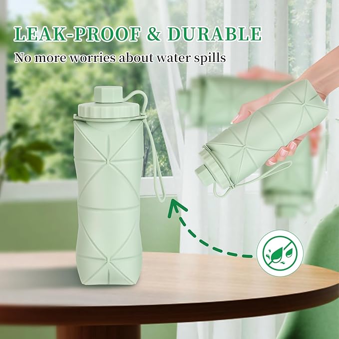 YCT Collapsible Silicone Travel Water Bottle 20oz (600ml), Reuseable Leakproof BPA Free Foldable Sports Bottle, with Carrying Strap, Light Gray + Purple