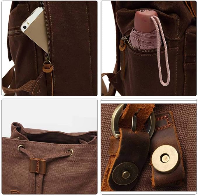 AUGUR High Capacity Canvas Vintage Backpack - for School Travel 12-15" Laptop Backapcks for Men Casual Daypacks Rucksack (M-Coffee)