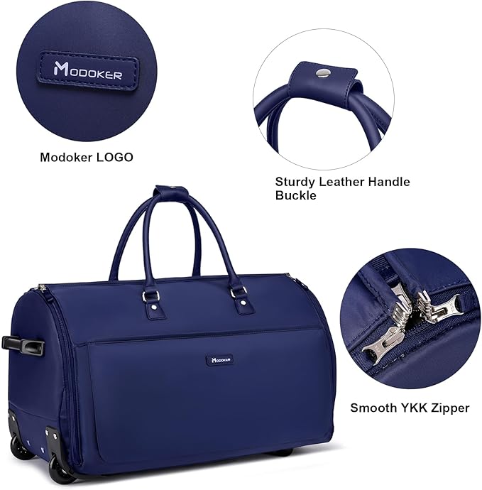 Modoker Rolling Garment Bags, Large Garment Duffle Bag with Wheels, 3 in 1 Garment Suit Luggage Bag for Women Men Business Travel Weekender, Blue