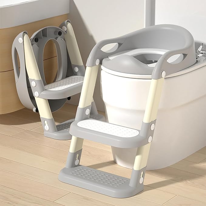 Potty Training Seat with Step Stool Ladder, Adjustable Foldable Potty Seat for Toilet with Anti-Slip Pads Ladder for Kids Boys Girls Toddlers - Grey
