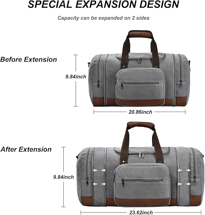 Litvyak Duffle Bag for Travel, 50L Canvas Travel Duffel Bags Overnight Weekend Gym Carry On Luggage Bag for Men & Women(Grey+Toiletry Bag)