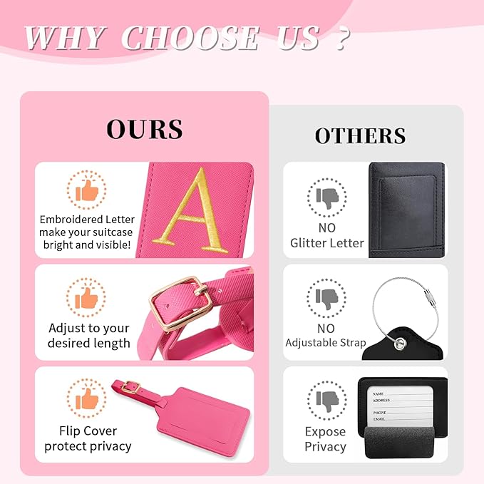 Personalized Initial Luggage Tags for Suitcase, Rose Red Leather Cute Luggage Tags with Privacy Cover Name Card, Embroidered Custom Monogram Luggage Tags Travel Backpack Tag Gifts for Women Kids(A)