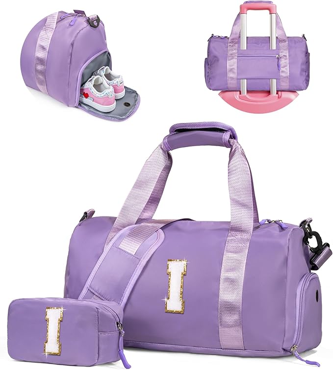 Sister Graduation Gift-Girl Gym Bag with Shoe Compartment, Kid Personalized Weekender Overnight Bags, Initial Travel Tote with Makeup Pouch Valentine's Day Gifts for Kids (Letter I)
