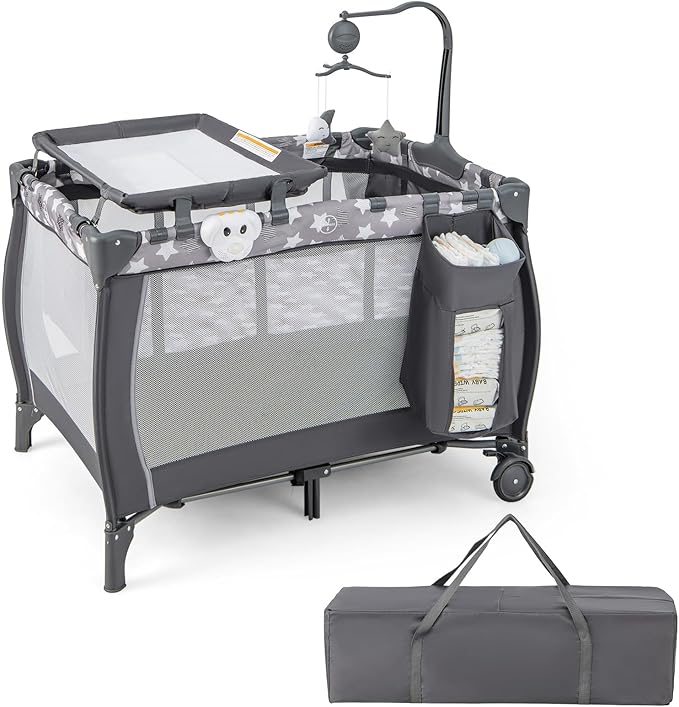 HONEY JOY Pack and Play, 3 in 1 Portable Baby Playard with Bassinet, Changing Table, Lockable Wheels, Music Box, Foldable Travel Baby Crib Nursery Center from Newborn to Toddler (Star Gray)