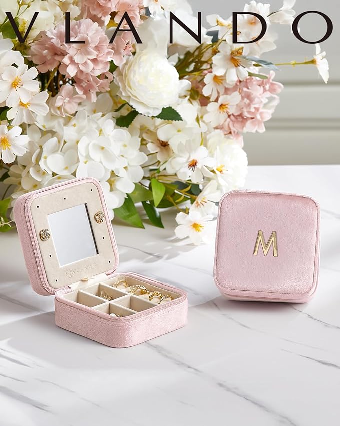 Vlando Jewelry Case for Girls & Women, Pink Travel Jewelry Box - Must Haves, Small Case for Travel & Gifts - Letter H