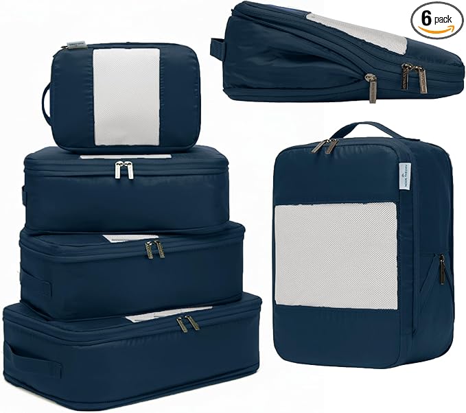 6-Pack Compression Packing Cubes Travel Essentials - Lightweight, Water-Resistant Luggage Organizer Bags with Handles, Durable Travel Accessories Suitcase Organizer (Inkblue)