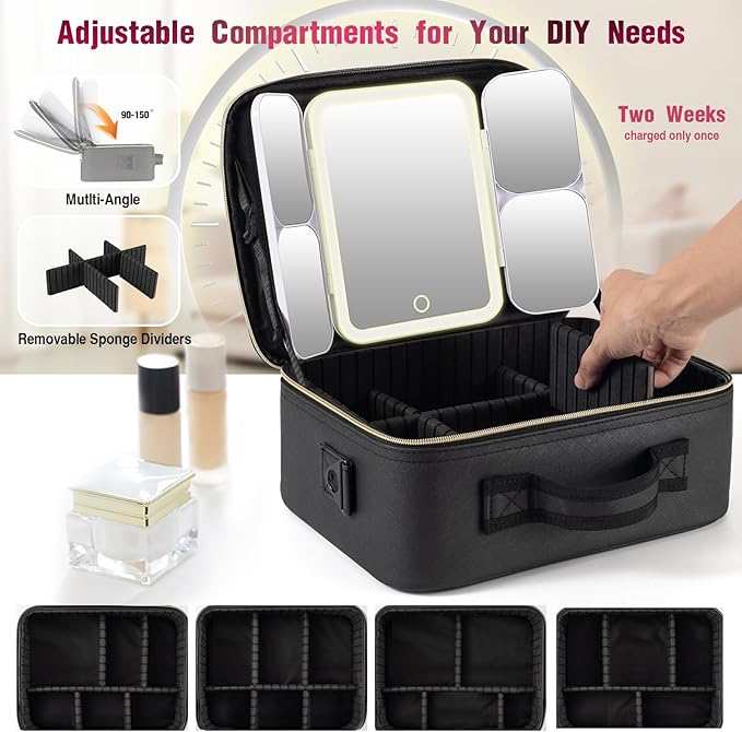 Mid-Size Makeup Bag with LED 1X5X10X20X30X Magnifying Mirror and Travel Makeup Train Case Cosmetic Organiser with Mirror and Separate Makeup Brush Panel, Portable Adjustable Divider, Black