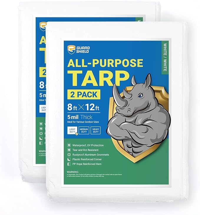 GUARD SHIELD Tarp White 8x12 Feet Multi Purpose Waterproof Poly Tarp Cover 5mil (2-Pack)