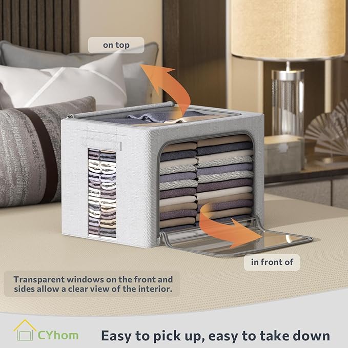 4 Pack Clothes Storage Bins with Metal Frame - Linen Fabric Foldable Stackable Container Organizer Set with Clear Window & Carry Handles & Zippers (Light Grey, 15.7"x11.8"x7.8")