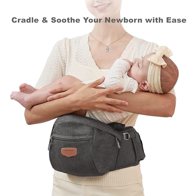 Sunveno Hip Baby Carrier with Seat,Ergonomic Baby Hip Carrier, Front-Facing Baby Holder, Anti-Slip Seat Surface, Wide and Adjustable Waistband, Multiple Pockets, Newborn to Toddler up to 45lbs, Grey