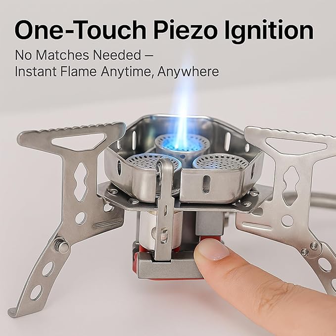 Windproof Camping Stove, Portable Camping Stove with Piezo Ignition, Collapsible Design with Carrying Casefor Outdoor Hiking, Backpacking, Picnic & Emergency Cooking (5200W)