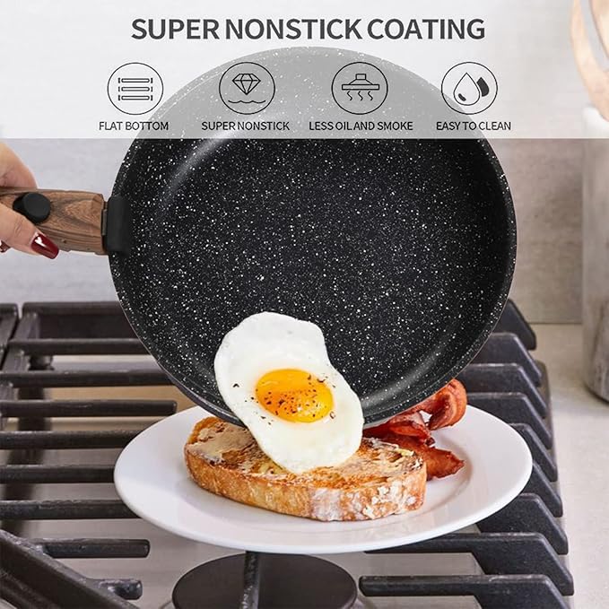 Kitchen Academy Removable Handle Induction Pots and Pans Set - 10 Piece Non-stick Cookware Sets, Black Granite Stackable RV Cookware for Camp